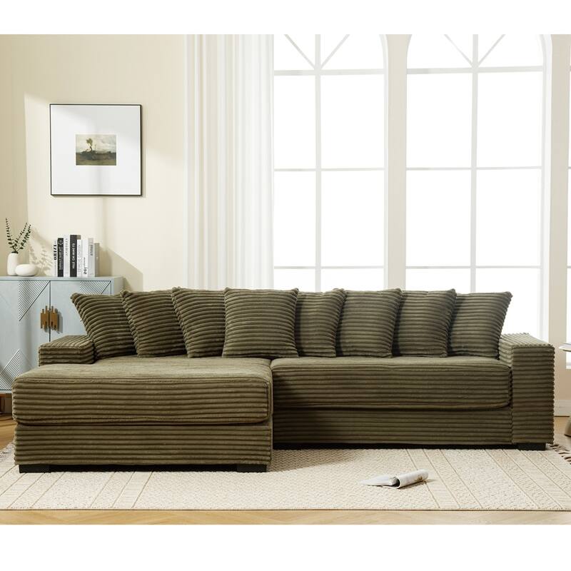 Oversized Two-Piece Couches, L Shaped Sofa, Corduroy, Right Chaise Daybed,with Armrests,Eight Throw Pillows,Corner Sofa - Green - Left Facing