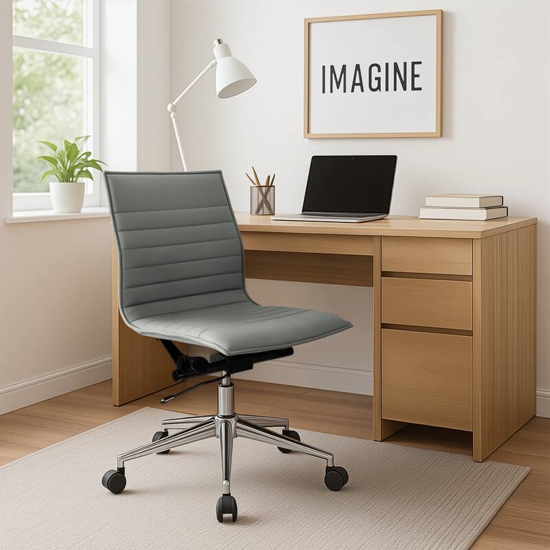 Set of 2 Modern Office Chairs, Upholstered PU Leather Ribbed Armless Mid Back with Metal Frame, Adjustable Height, Tilt