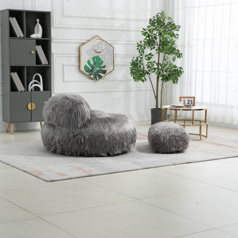 Fluffy Bean Bag Chair with Ottoman, Comfy Bean Bag Lounger for Adults and Kids, Ultra Soft Lazy Sofa Chair with Memory Foam