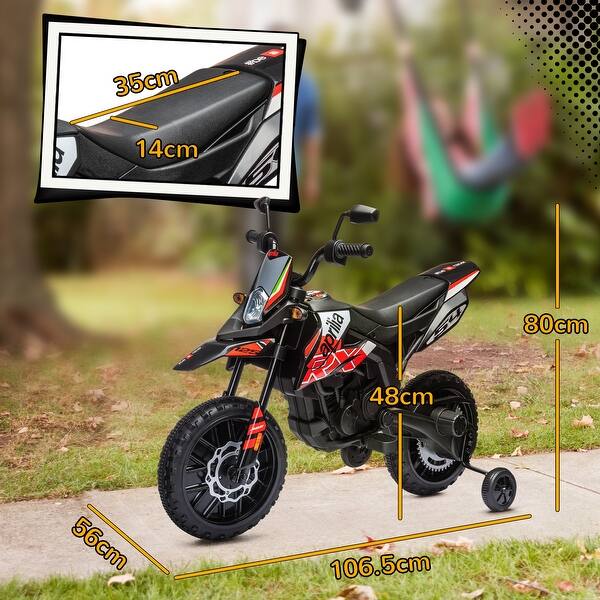 dimension image slide 1 of 3, Aprilia Licensed Kids Electric Dirt Bike with 12V Dual Motors, Training Wheels, USB Music, and Headlights