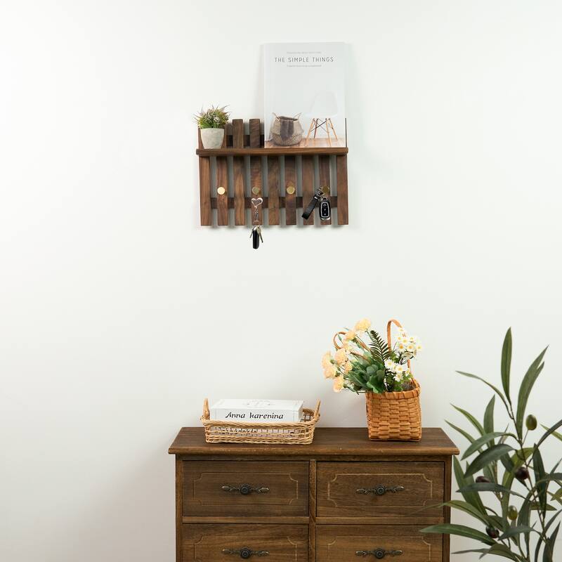 Dark Solid Wood Wall Organizer With Tray Storage - 15.35" L