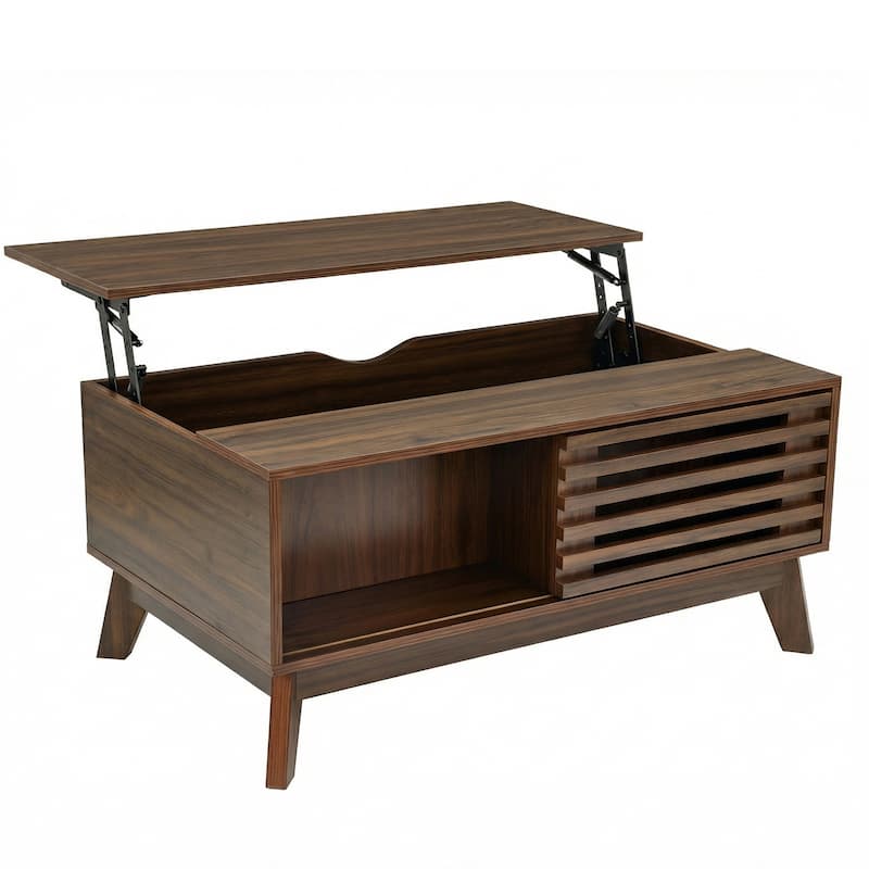 35.4"Lift Top Coffee Table with Storage, Mid Century Modern Coffee Table with Slatted Sliding Door and Hidden Compartment