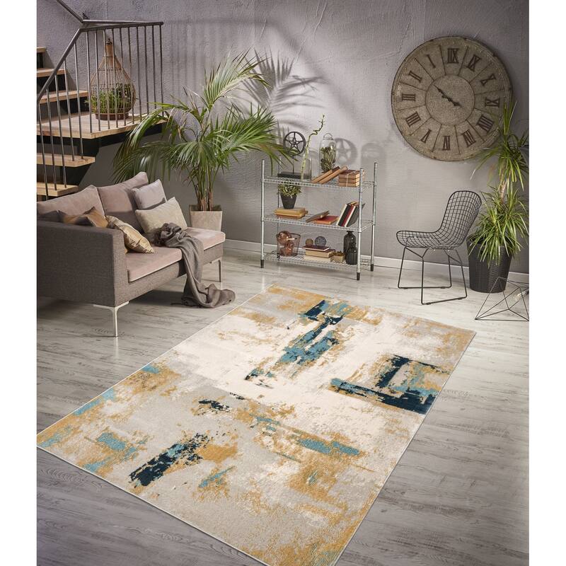 Modern Minimalistic Rustic Abstract Orange Mustard Blue Ivory Area Rug