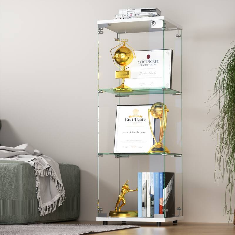 Glass Display Cabinet with Doors & Locks, Acrylic Shelves, Floor Standing Storage Showcase for Home or Office