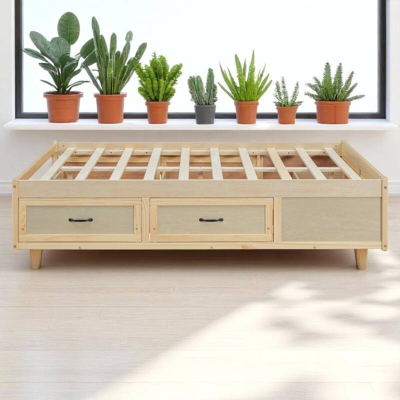 Full/Queen Platform Bed with 6 Storage Drawers, Modern Wood Frame with Slats, No Box Spring Needed
