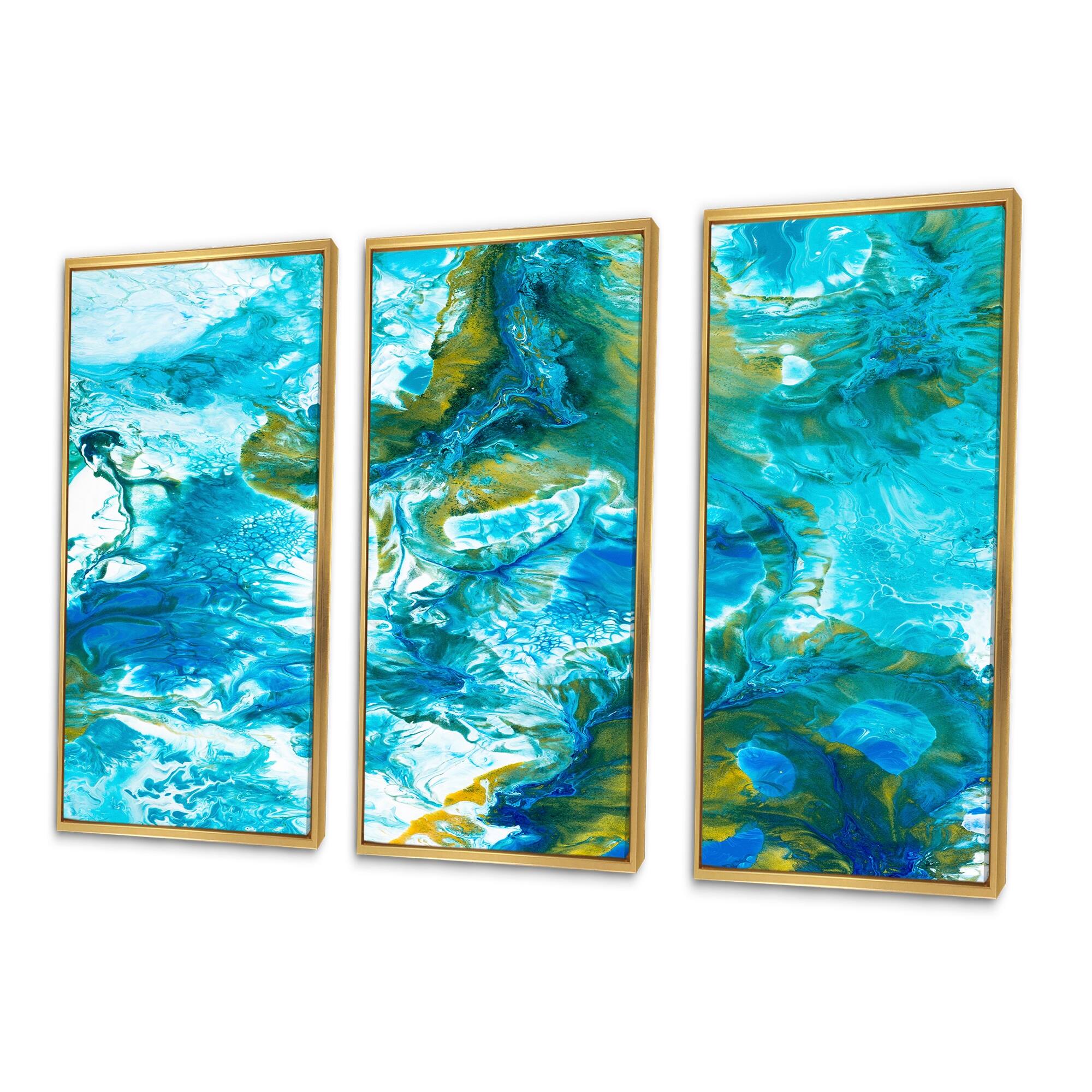 Designart "Blue And White Liquid Art Waves IX" Modern Framed Art Prints