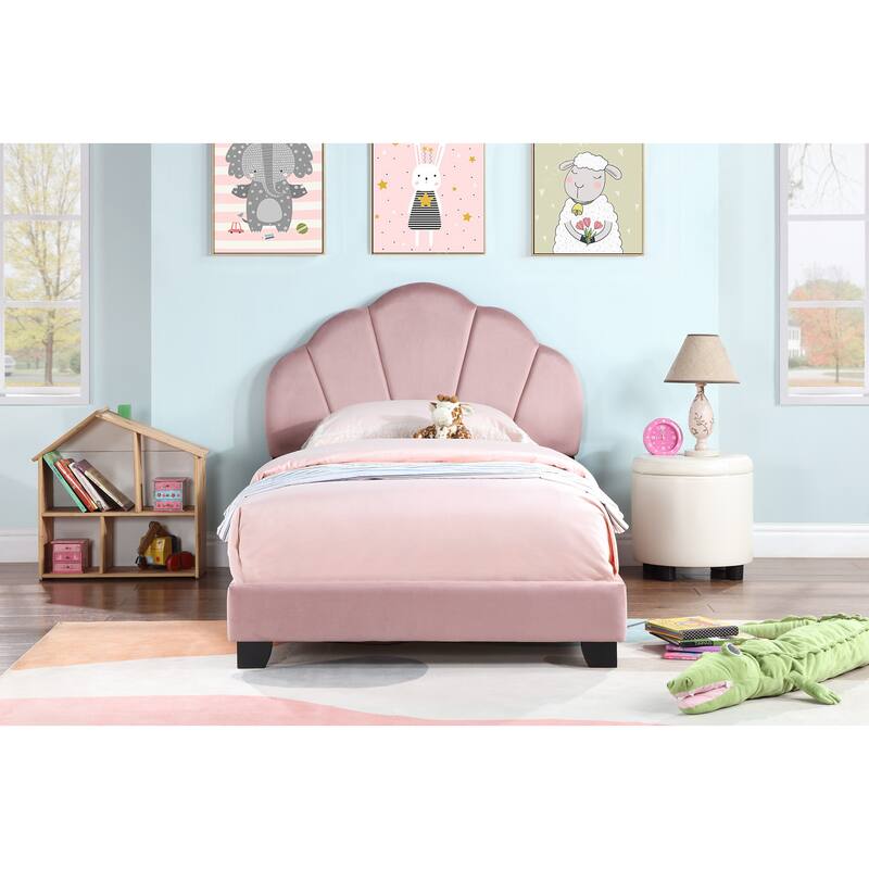 Pink Twin Velvet Platform Bed with Shell Headboard - No Box Spring Required, Soft Velvet Fabric