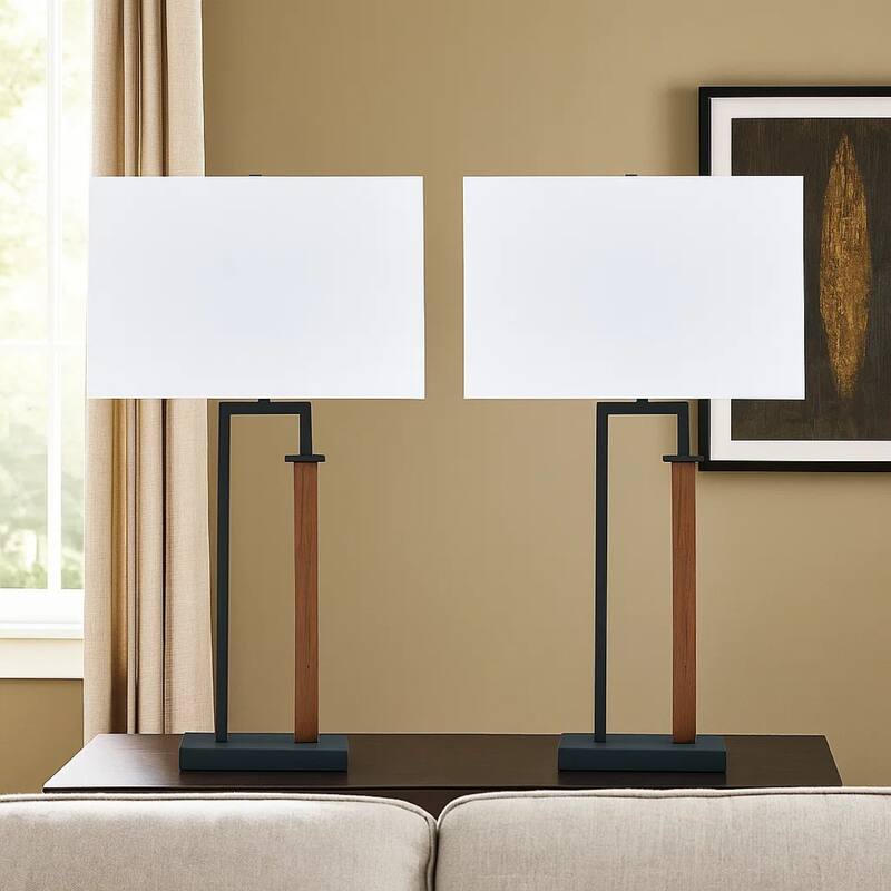 Table Lamp Set of 2, Curved Wired Bronze Base, White Fabric Shade