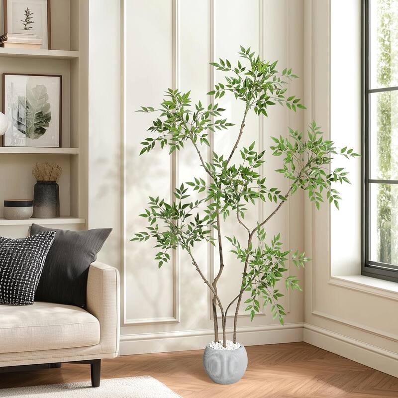 Artificial Plants Indoor, 5FT Tall Faux Floor Plant in Pot, Nandina Artificial Tree with Grey Planter
