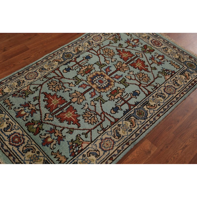 Light Blue Oushak Indian Foyer Rug Handmade Wool Carpet - 2'11"x 5'1"