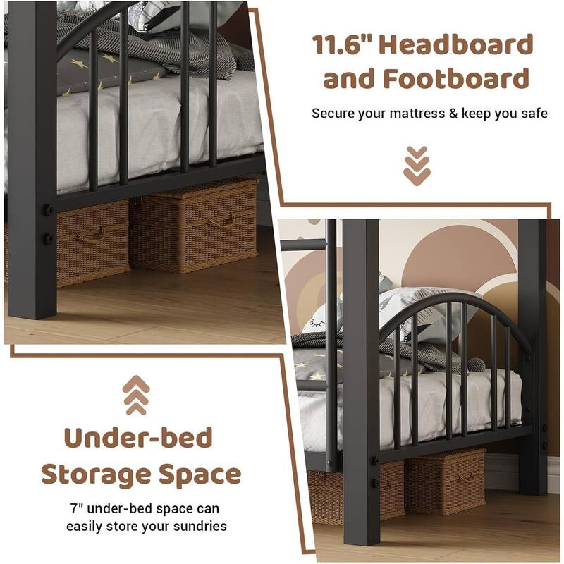 Bunk Bed Twin Over Twin with Stairs and Arched Guardrail for Bedroom and Small Space
