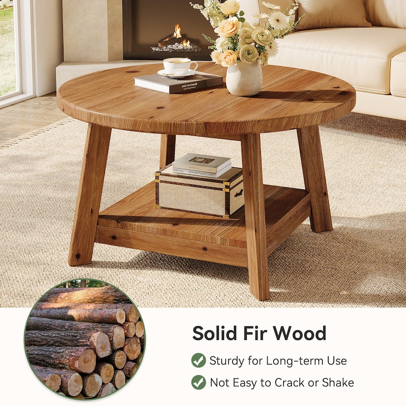 2-tier Solid Wood Round Coffee Table for Living Room - 31.5" D x 31.5" W x 17.7" H