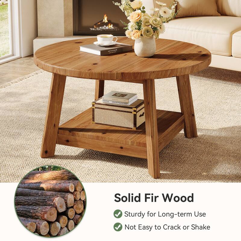 31.5 Inch Solid Wood Round Coffee Table with Storage