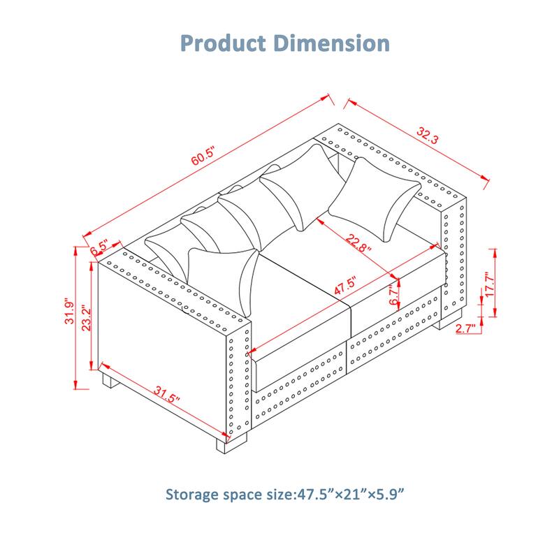 Velvet Loveseat Sofa with Storage, Comfy Upholstered Deep Seat Sofa, 2-Seater Sofa with Nailhead Trim & 6 Throw Pillows