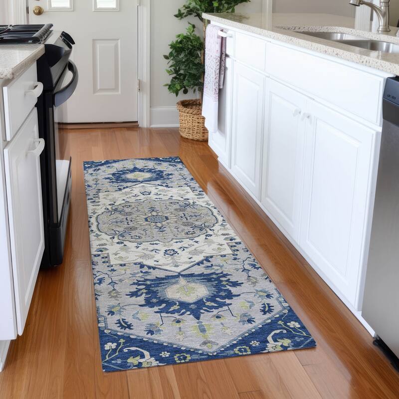 Machine Washable Indoor/ Outdoor Traditional Medallion Chantille Rug - Navy - 2'3" x 7'6"