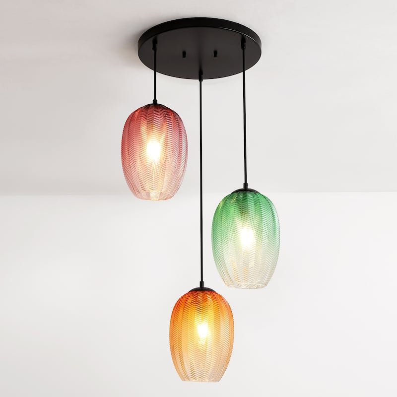 1/3-Light Modern Black Cylinder Colored Textured Gradient Glass Pendant Light for Kitchen Island or Stairway