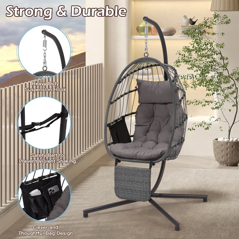 EROMMY Hanging Egg Chair with Stand, Foldable Indoor/Outdoor Swing Chair includes Cushion and Pillow, Patio Wicker Swing