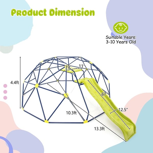 Geometric Dome Climber with Extended Wavy Slide and 2 Rest Platforms Perfect for Both Girls or Boys - 159.6"L x 123.6"W x 52.8"H