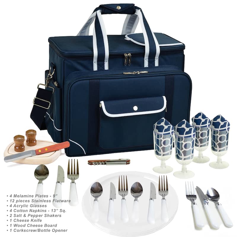Picnic at Ascot- Ultimate Insulated Picnic Cooler Bag with Service for 4 - Navy w/ Trellis Blue - Blue/Trellis Blue