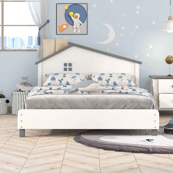slide 2 of 8, White Full Size Cute Wooden Platform Bed with House-Shaped Headboard White - Full