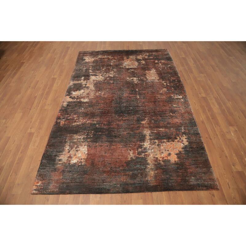 Hand Knotted Oriental Viscose Silk Carpet Modern Abstract Oranges & Rust Abstract Area Rug - 8' 0'' X 5' 1''