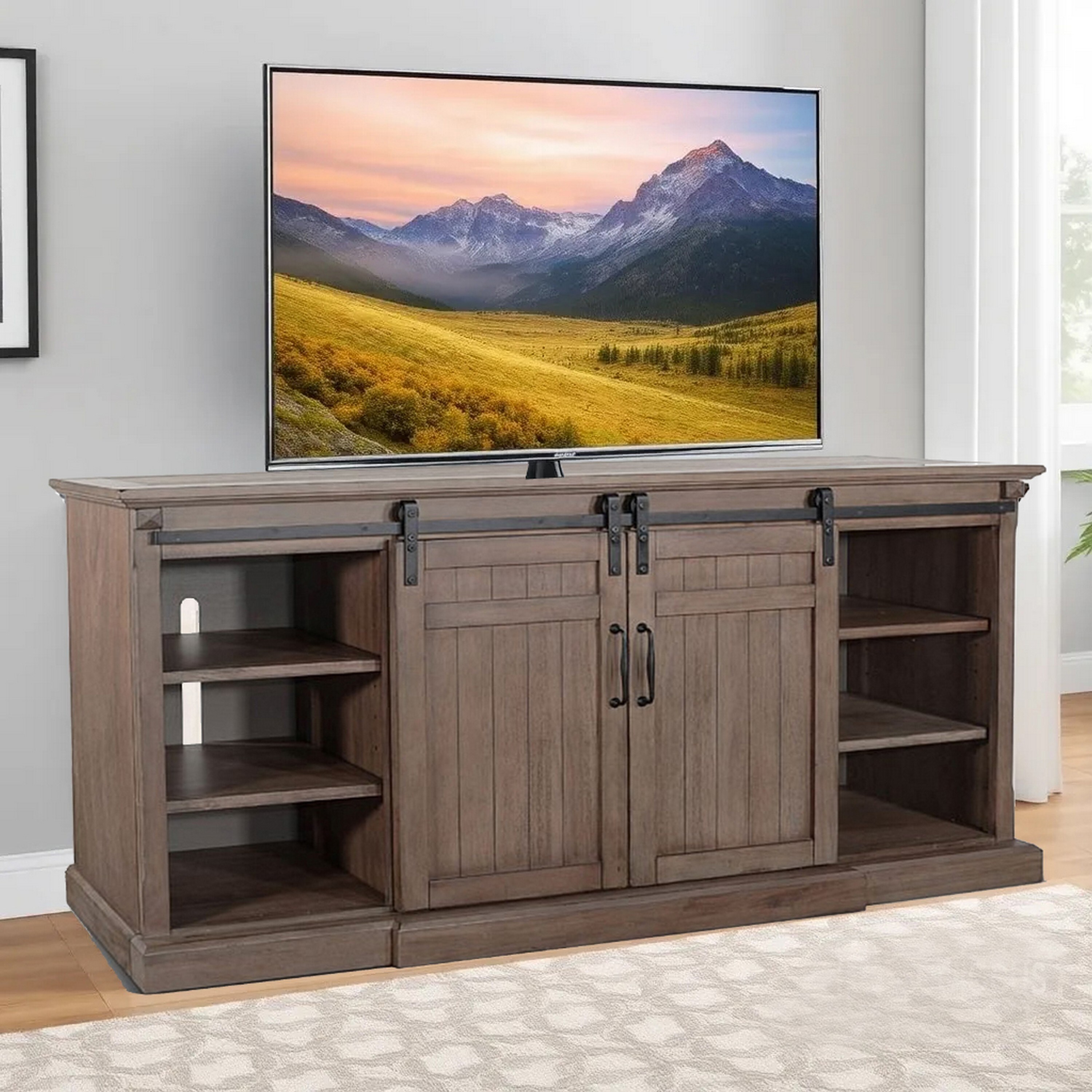 Yael TV Media Entertainment Console, Barn Doors, 78 Inch Brown