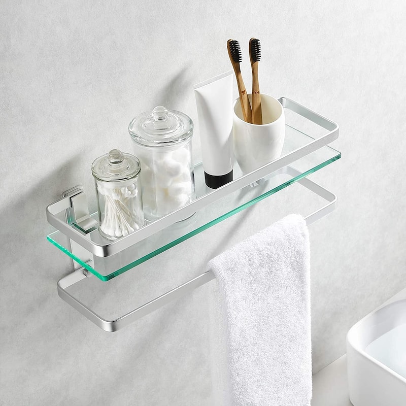 Wall Mount Glass Floating Shelf With Towel Bar