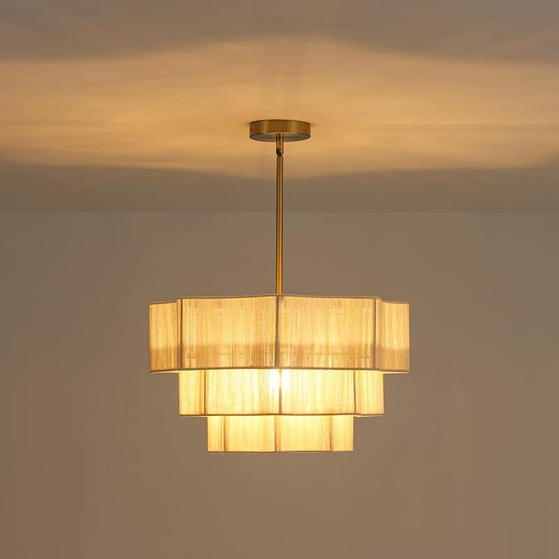 Woven Ivory String 3-Tier Round Lantern Chandelier 19.7in Brass