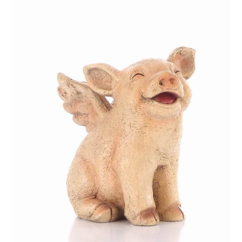 Laughing Pig with Wings Outdoor Garden Statue - 8.75" - Pink