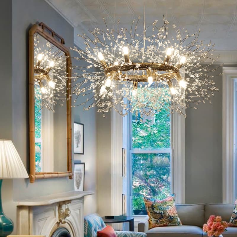 12/20 - Light Modern Glam Sputnik Wagon Wheel Crystal Chandelier for Entryway, Living Room(Bulbs Included)
