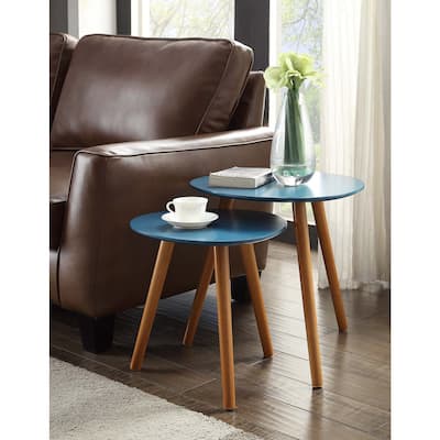 Nesting End Tables, Mid Century Modern Style Two Piece Set with Solid Wood Legs, Compact Versatile Side Tables for Living Room