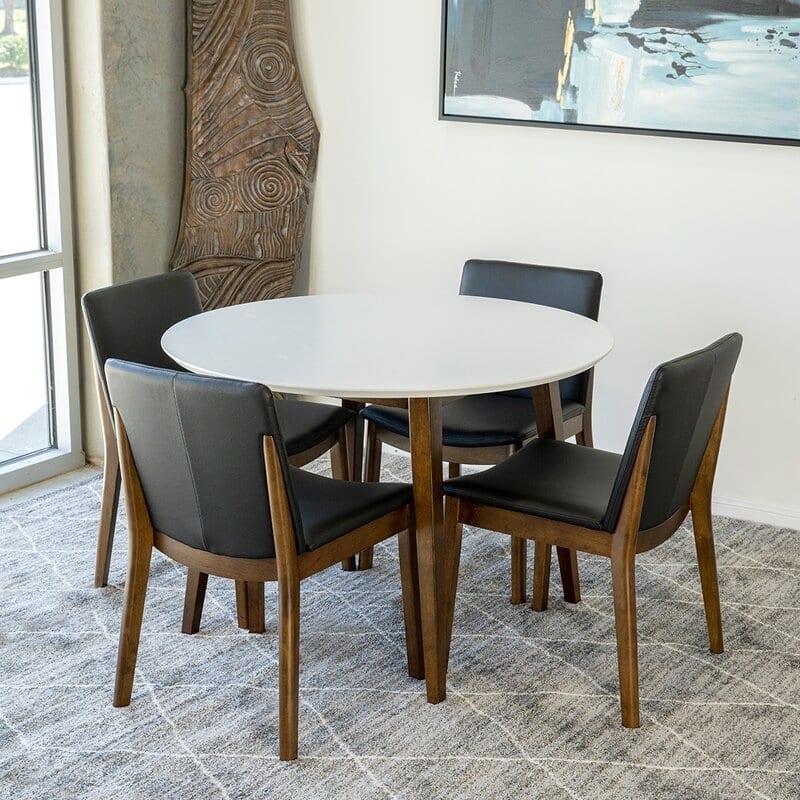 Hurley Modern Solid Wood Walnut 5 Piece Furniture Set 4 Vegan Leather Dining Chairs
