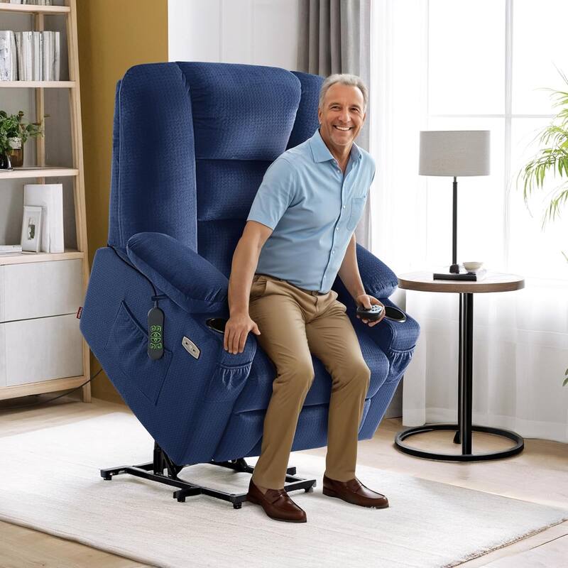 MCombo Large Electric Power Lift Recliner Chair with Massage and Heat for Elderly, Fabric 7549 - Navy Blue