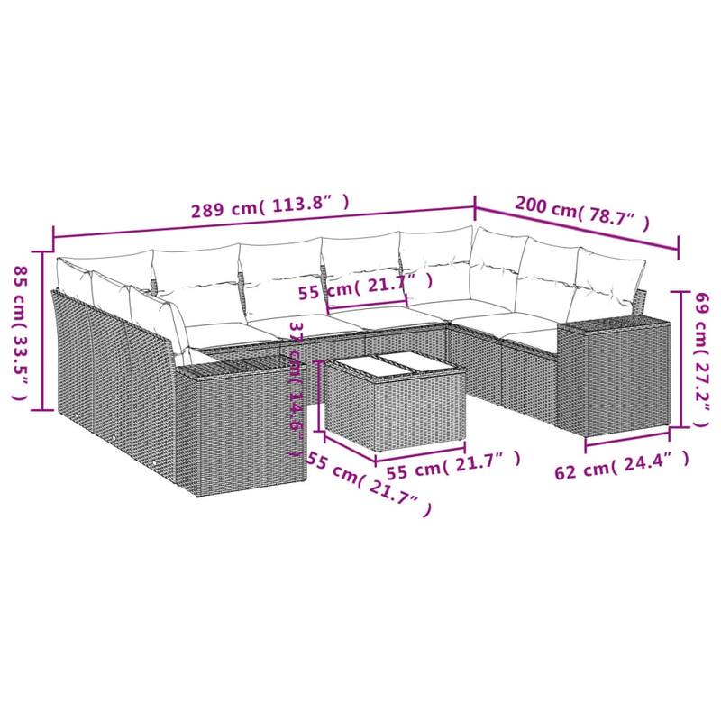 vidaXL 9/10 Piece Patio Sofa Set with Cushions Black/Brown/Gray Poly Rattan - 24.4 x 24.4 x 27.2
