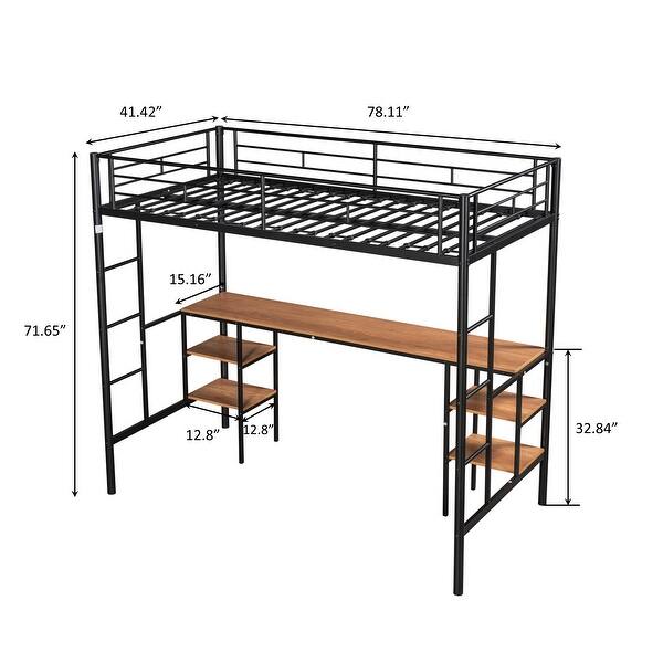 Black Twin Size Metal Loft Bed with Table, Shelves, Heavy-duty Sturdy Metal, Built-in Table, Safety Guardrail