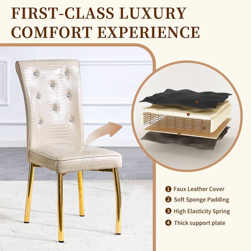 A set of 4 white and black vintage crocodile leather cushioned dining chairs, featuring crystal clasp design and leather