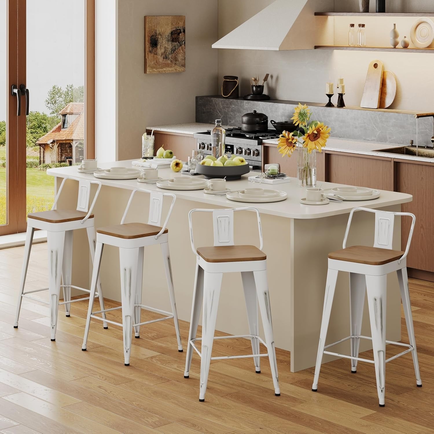 Industrial Style Counter Stools with Metal Frame 24" Kitchen Counter Height Stools with Low Back and Wooden Seat