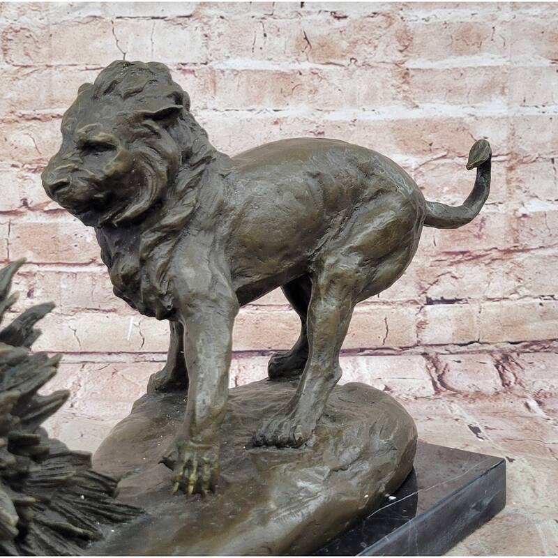 Imitative Lion Vs. Porcupine Bronze Statue Sculpture Wildlife Art Decor On Marble Base
