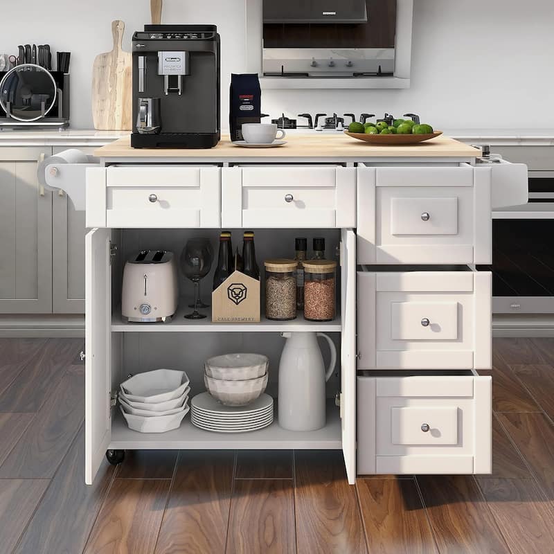 Rolling Kitchen Island with Drop Leaf - Mobile Cart with Wooden Countertop, Spice Rack, Adjustable Shelves & Drawers