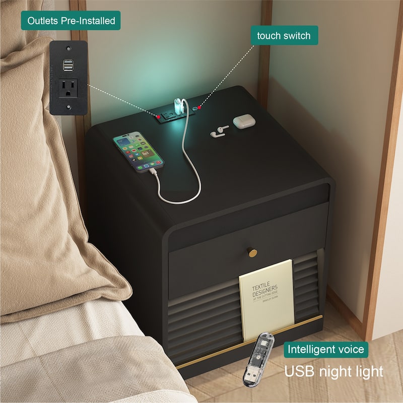 Nightstand with Charging Station, Smart Nightstand with Night Light,with Led Lights,Bedside Tables with Storage Cabinet