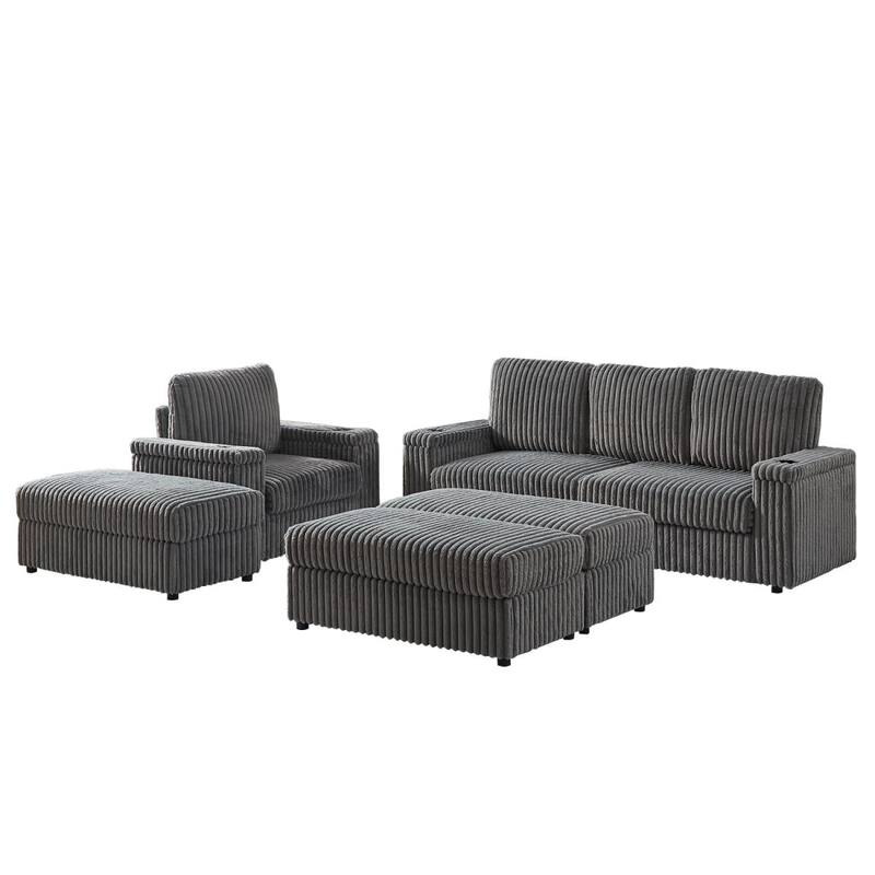 3-seater Modern Sofa with Corduroy Single Sofa, Cup-holding Grooves and 3 Ottomans