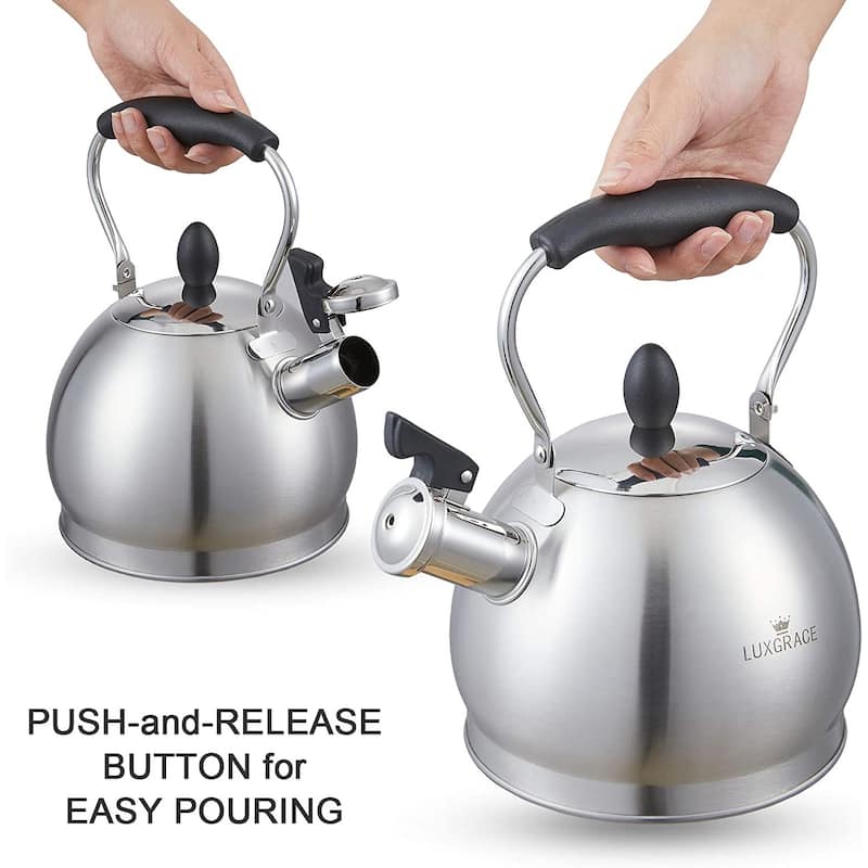 Creative Home 2.6 Qt. Stainless Steel Whistling Tea Kettle Teapot with Folding Handle, Aluminum Capsulated Bottom, Satin Finish