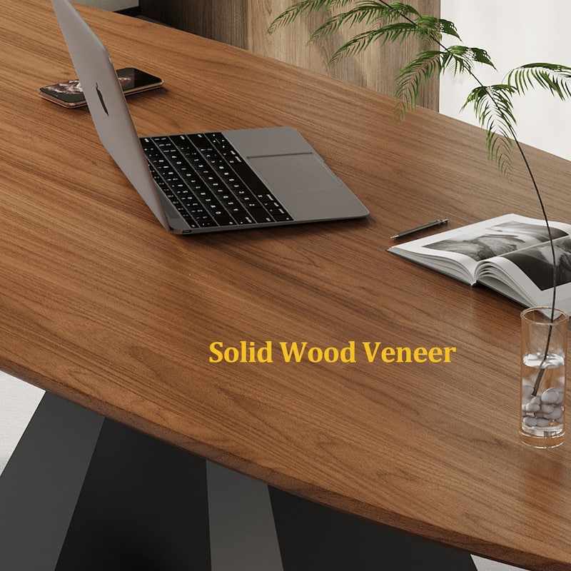 86.6" Modern Large Writing Desk,Brown Solid Wood Table top, Carbon Steel Base