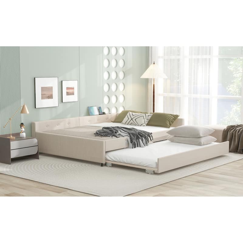 Queen/Full Size Upholstered Platform Bed with USB and Twin Size Trundle