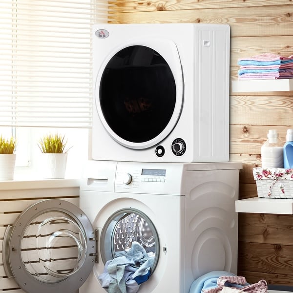 slide 2 of 9, HOMCOM Compact Laundry Dryer, 1350W 3.22Cu.Ft Portable Clothes Dryer with 5 Drying Modes,Stainless Steel Tub for Apartment, Home White