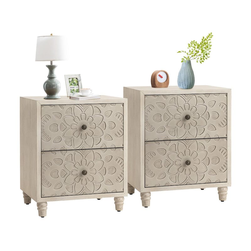 COSIEST Vintage Brown Pattern Solid Wood Nightstand with Drawers - 2PC-Jasmine - 2-drawer