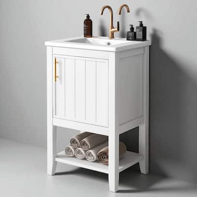 20" Bathroom Vanity with Ceramic Sink, Soft Closing Door, Storage Rack & Open Shelf for Small Bathrooms