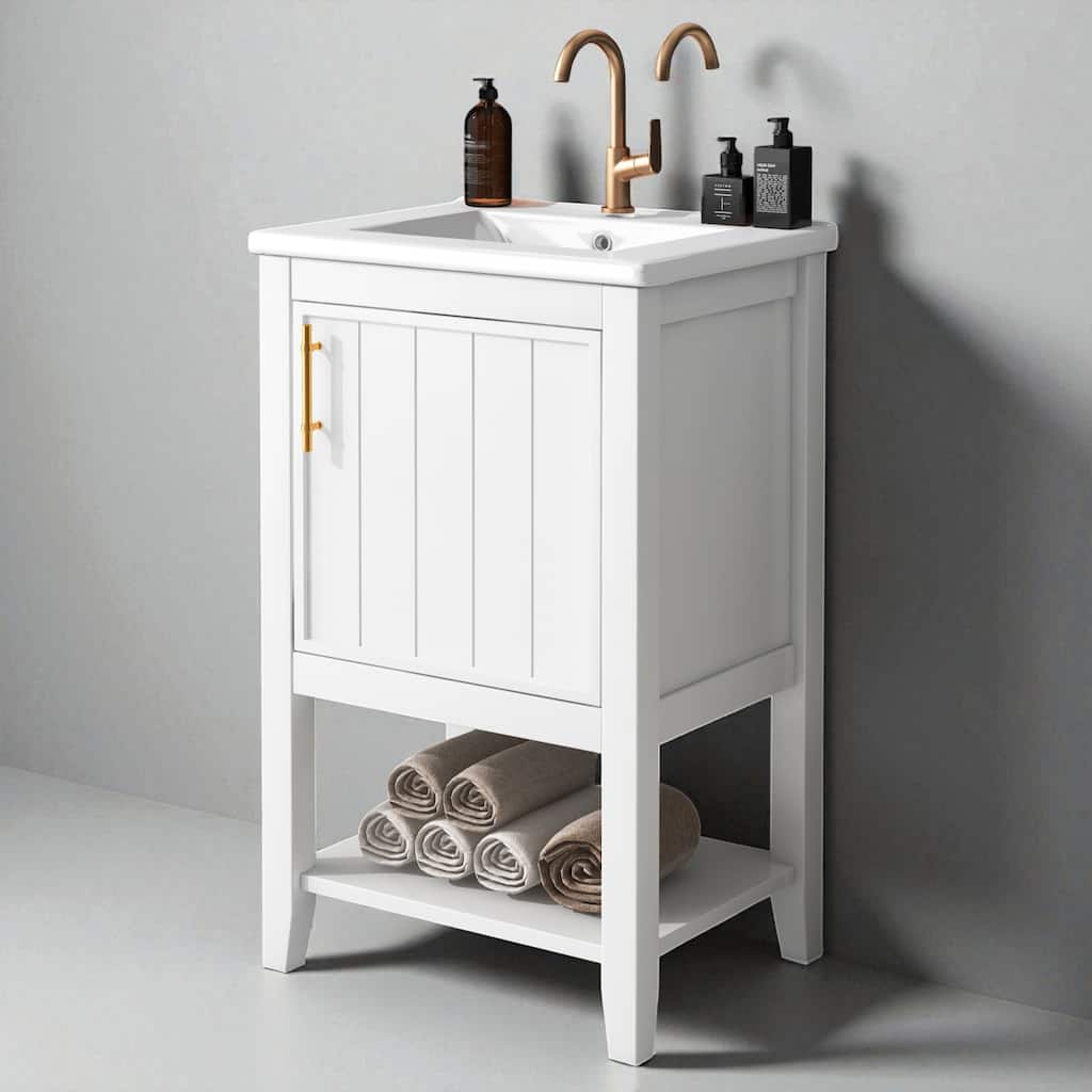 20" Bathroom Vanity with Ceramic Sink, Soft Closing Door, Storage Rack & Open Shelf for Small Bathrooms