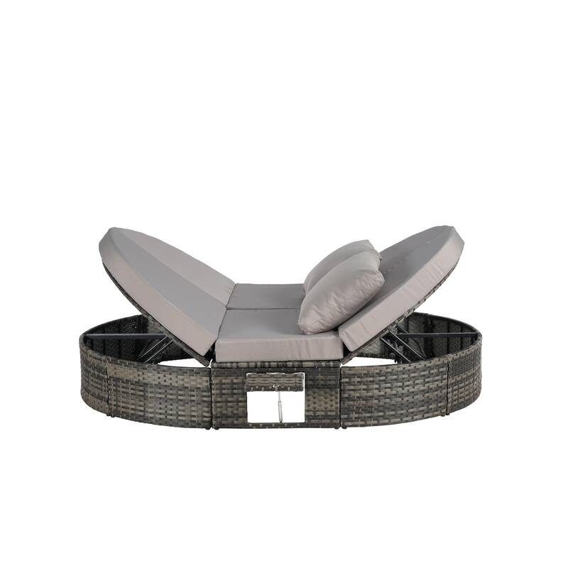 Outdoor Patio Rattan Round Daybed Sunbed with Adjustable Backrests and Foldable Cup Trays