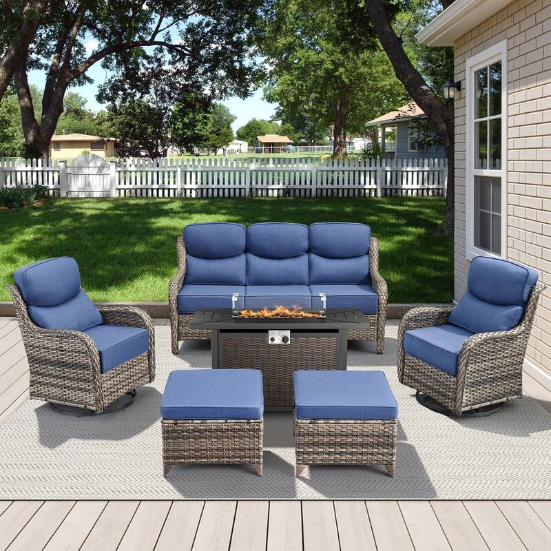 Arcadia 6-Piece PE Wicker Patio Seating Set with Durable All-Iron Fire Pit and 6-Inch Cushions